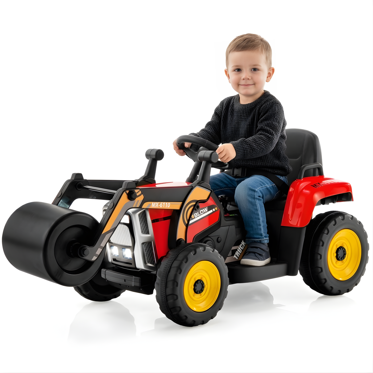 12V Red Ride-On Road Roller with Adjustable Arm, Drum Roller, Music, Remote
