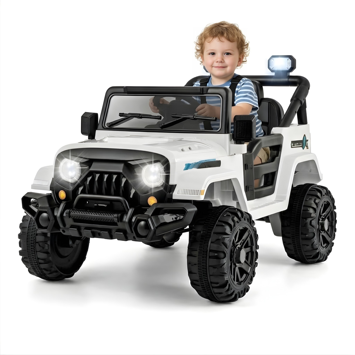 12V Kids White Jeep-Style Ride-On Truck with LED Lights, Music, Remote