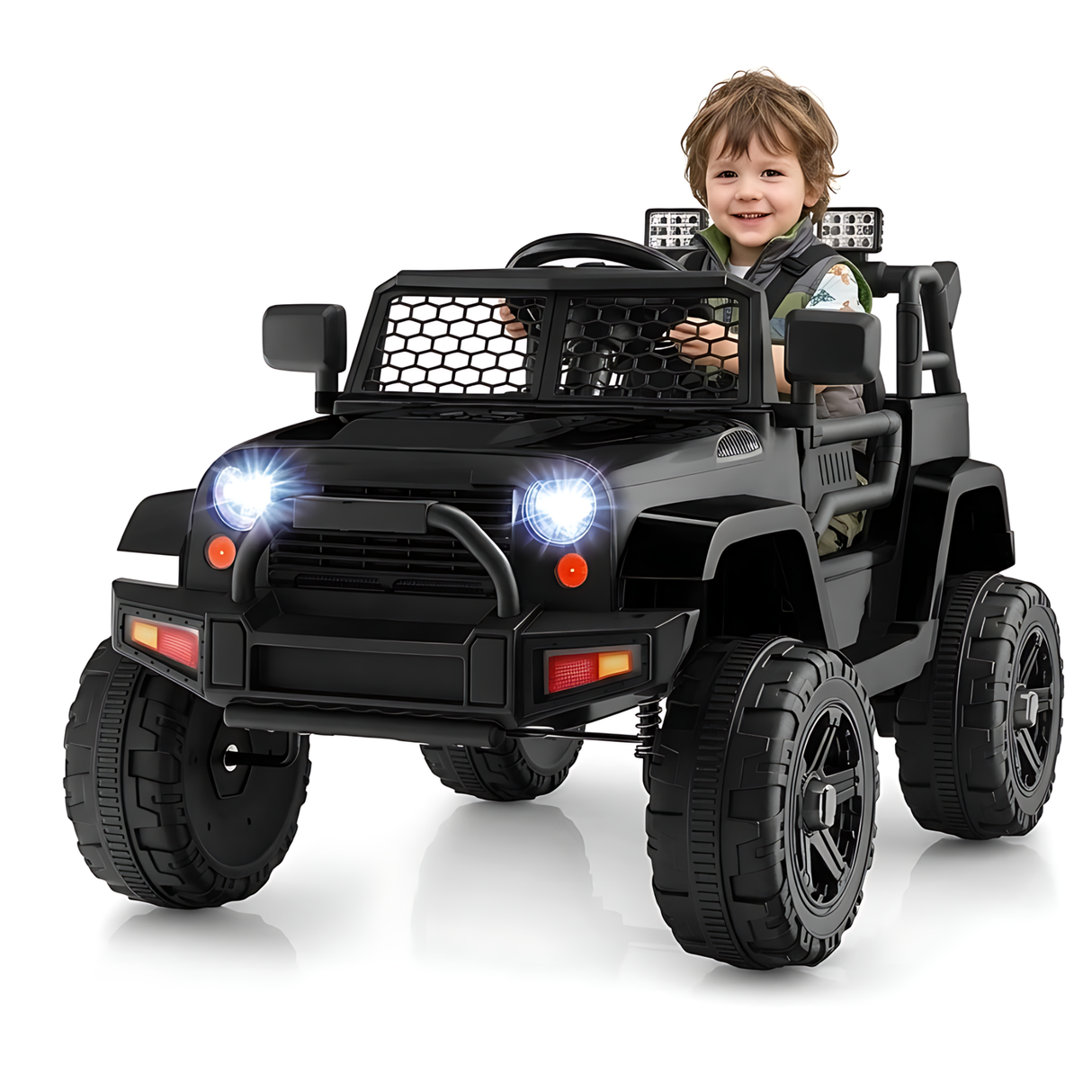 12V Kids Black Jeep-Style Ride-On Truck with LED Lights, Music, Remote