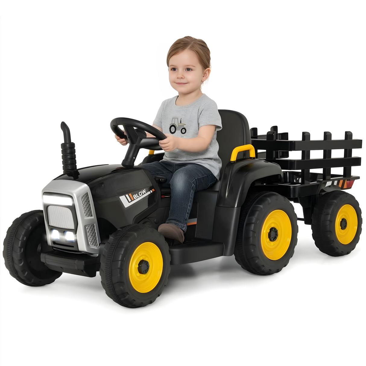 12V Kids Black 1-Seater Ride-On Tractor with Detachable Trailer, Remote Control