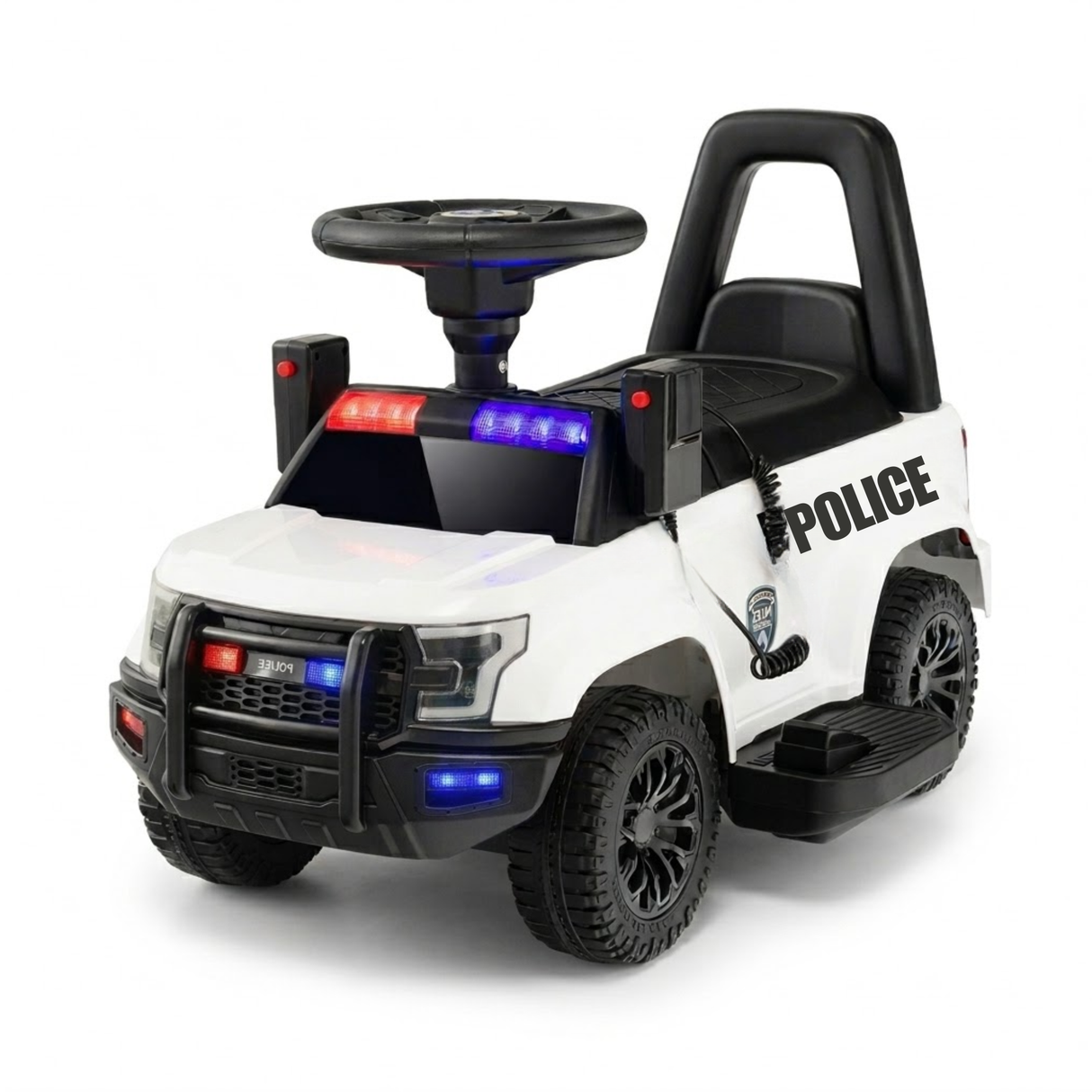 Toddlers 6V White Police Themed Ride-On with LED Lights, Megaphone, Siren