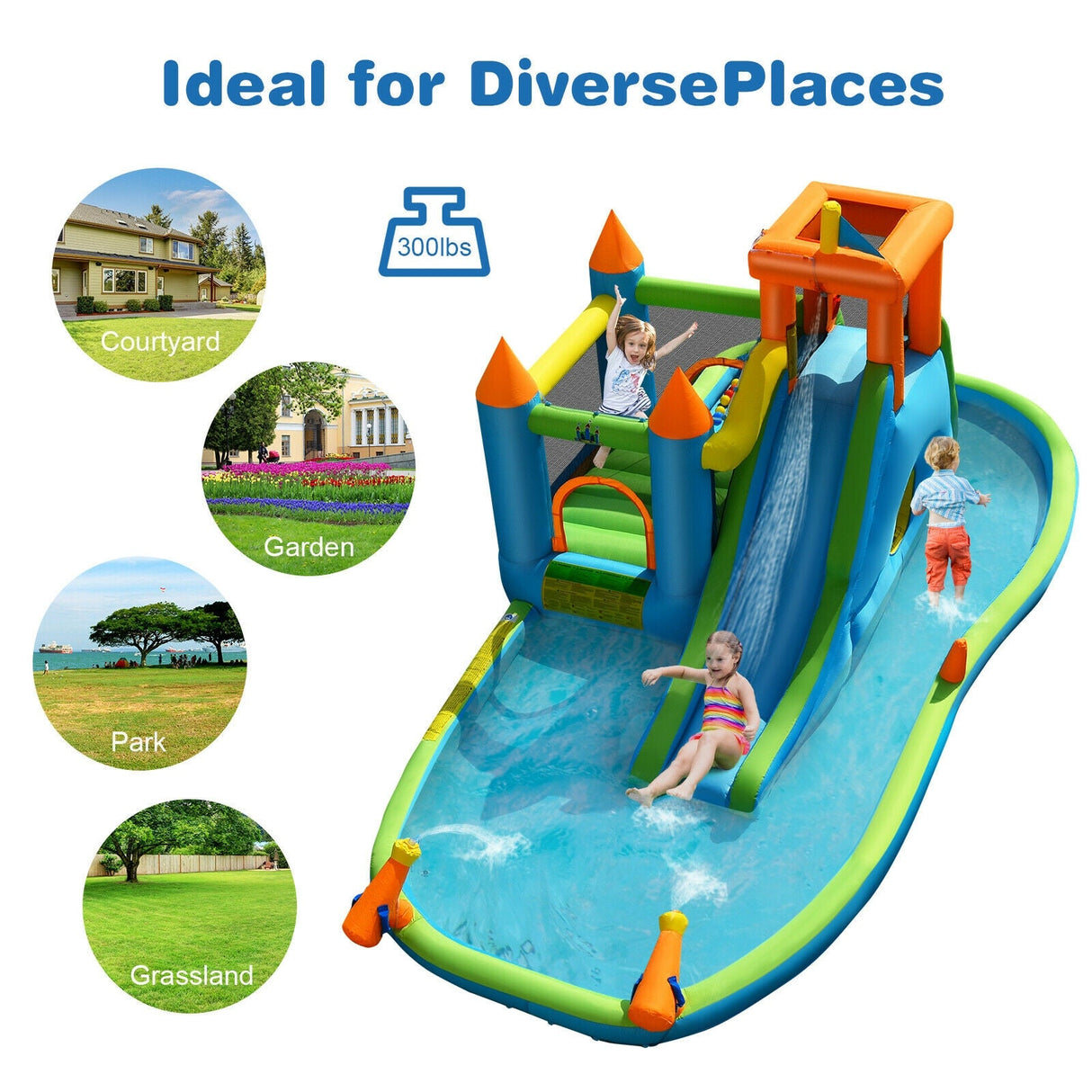 Inflatable Water Slide Kids Bounce House Splash Water Pool with 735W Blower