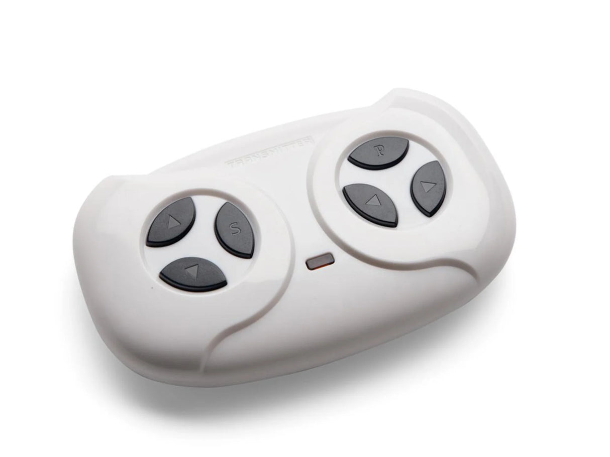 The 12V Mercedes G650 Remote is a white handheld game controller with a compact design and enhanced control. It has two circular control pads with four directional black buttons each, similar to those found in ride-on cars, and features a central indicator light.