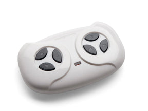 The 12V Mercedes G650 Remote is white with two round button pads, each featuring four black directional buttons. A small red indicator light and a curved design enhance control for an enjoyable driving experience.