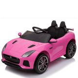 The Pink 12V Official Jaguar F-Type Complete Edition Kids Ride-On Car features a sleek design with black details and two seats. It includes silver rims, a sporty front grille, and a small rear spoiler for added style.