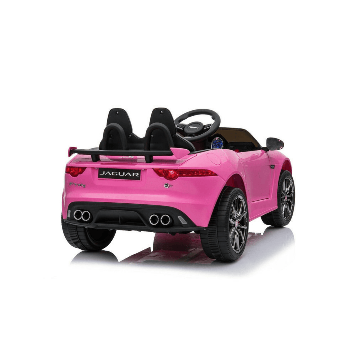 The Official 12V Jaguar F-Type Complete Edition Kids Ride-On Car in pink is shown from the rear against a white background. It features two black seats, a steering wheel, realistic exhaust pipes and taillights, plus parental remote control for safety.