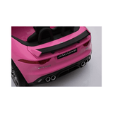 The image showcases a pink toy cars rear, resembling the Official 12V Jaguar F type Complete Edition Kids Ride on Car, featuring a black spoiler, dual exhausts, and branded logos. The design boasts sleek curves and details for an exhilarating ride powered by a 12V battery.