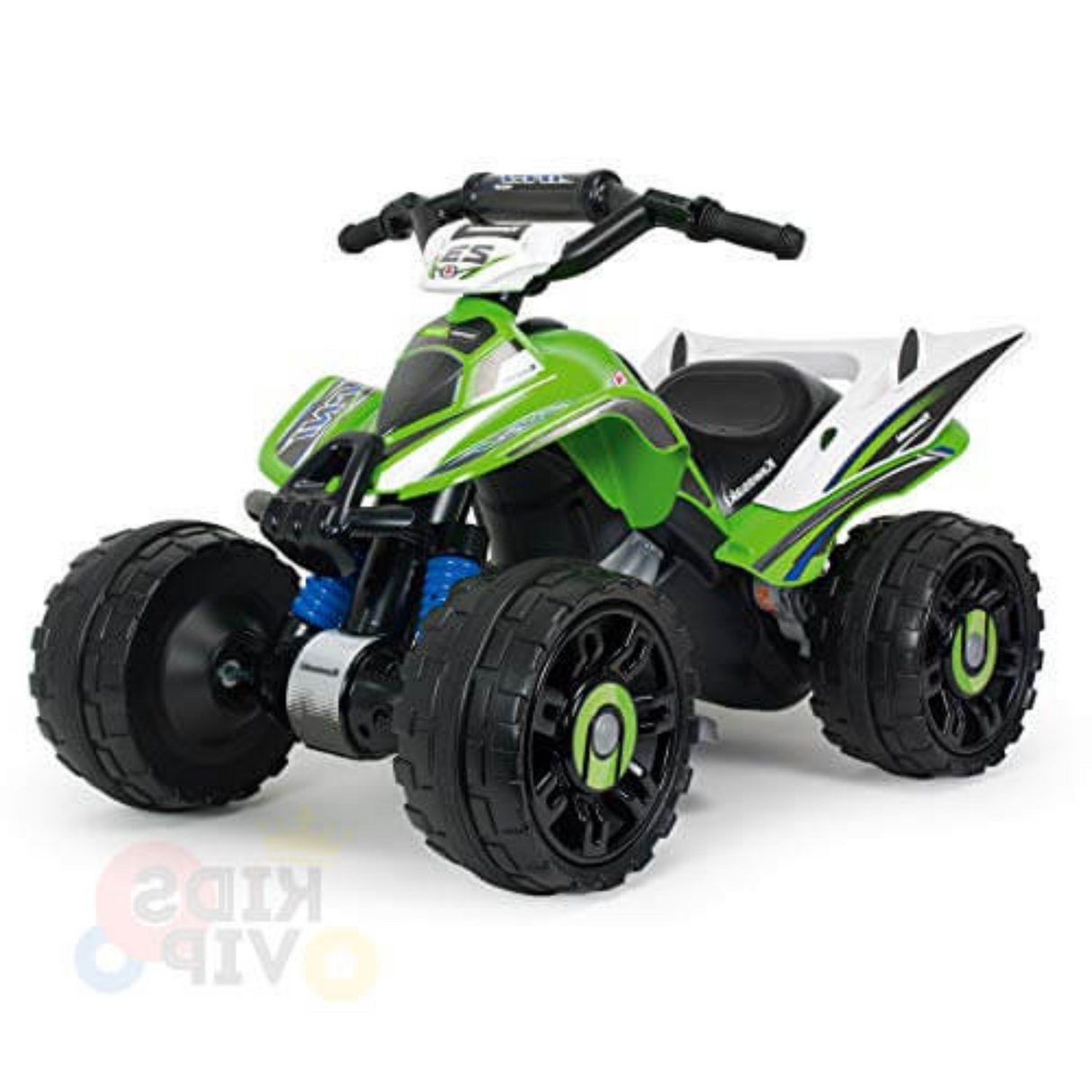 The Green 12V INJUSA Kawasaki Ride-On Quad features large tires, colorful graphics, and a realistic handlebar for an authentic adventure. The bike includes a logo in the bottom left corner.