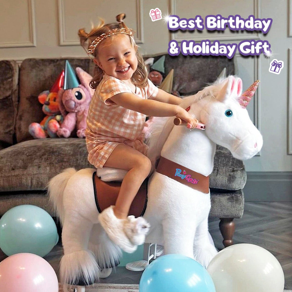 Toddlers White Indoor/Outdoor Ride-On Pony with Cushioned Seat, Anti-Slip Wheels (Ages 3–4)