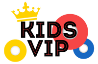 Logo with the words Kids VIP in black with a yellow crown above. Behind the text are large circles: red, yellow, and blue, each with a small white circle in the center, resembling records.