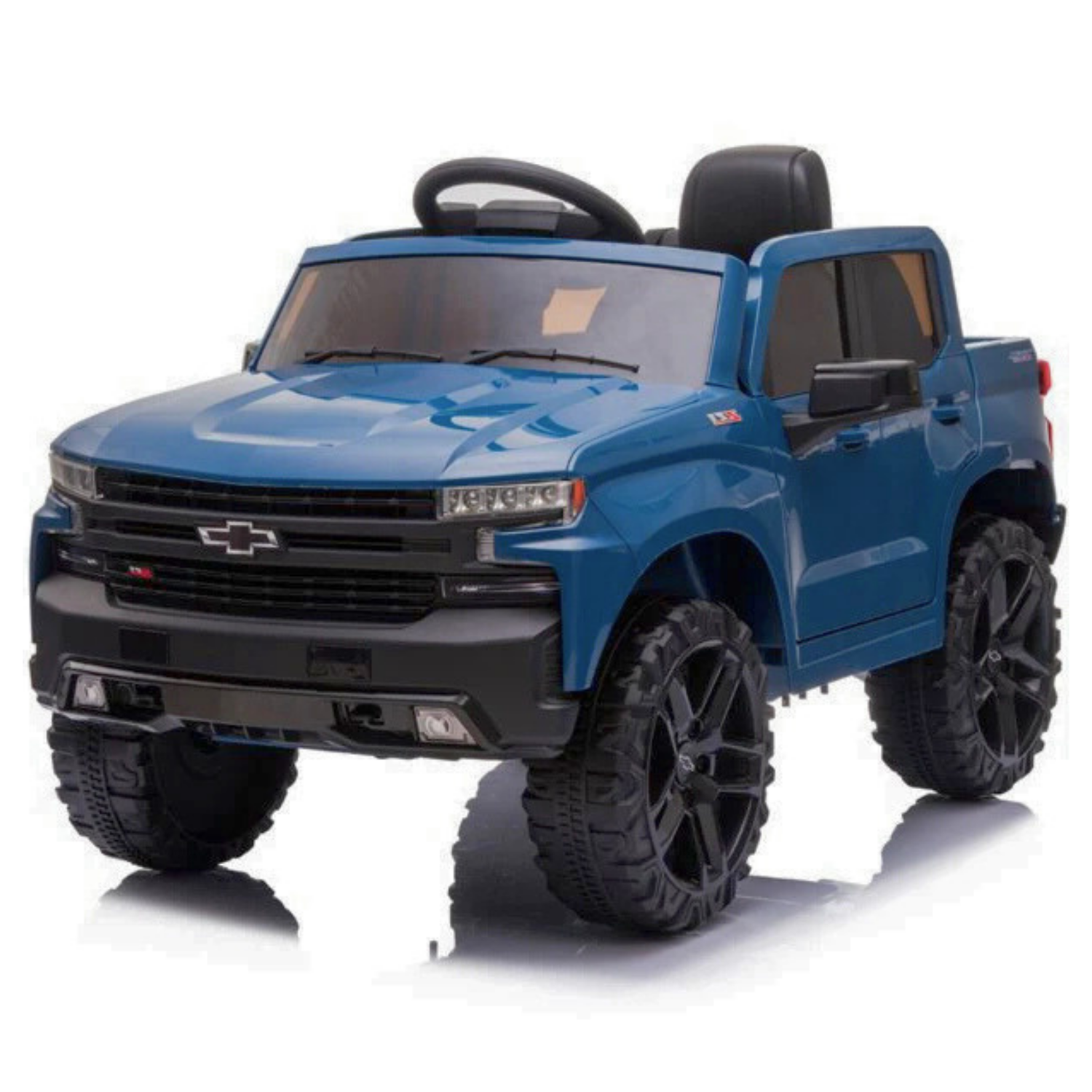 The Blue 12V Chevrolet Silverado Kids Licensed 1 Seater Ride On Truck mimics a real Chevrolet with large wheels, grille, branding, detailed headlights, steering wheel, and seats. It includes music and remote for authentic childrens playtime adventures.
