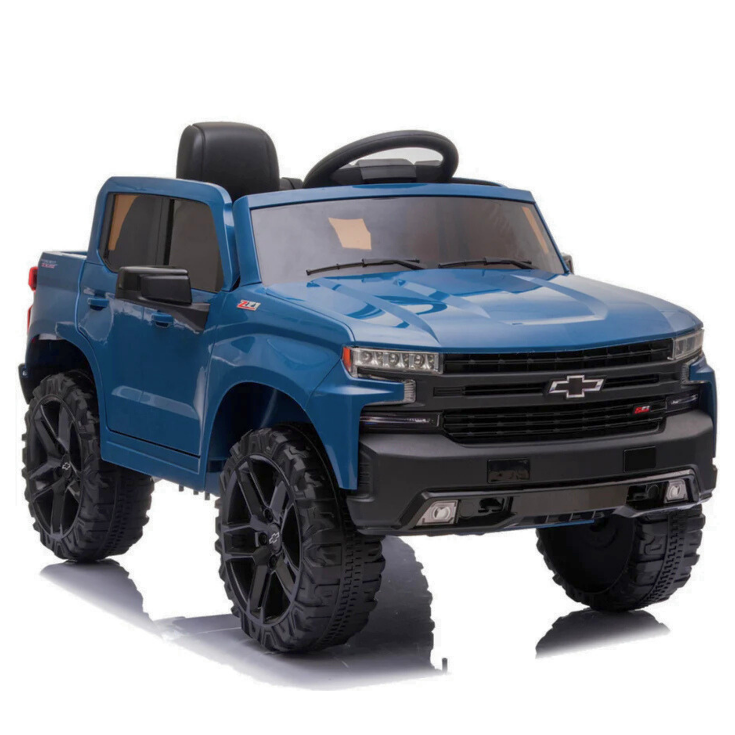 Introducing the Blue 12V Chevrolet Silverado Kids Licensed Ride-On Truck, a stylish 1-seater vehicle with large black wheels, open-top design, detailed headlights, a realistic grille, and remote control. This music-enabled ride-on turns your childs drive into an adventure.