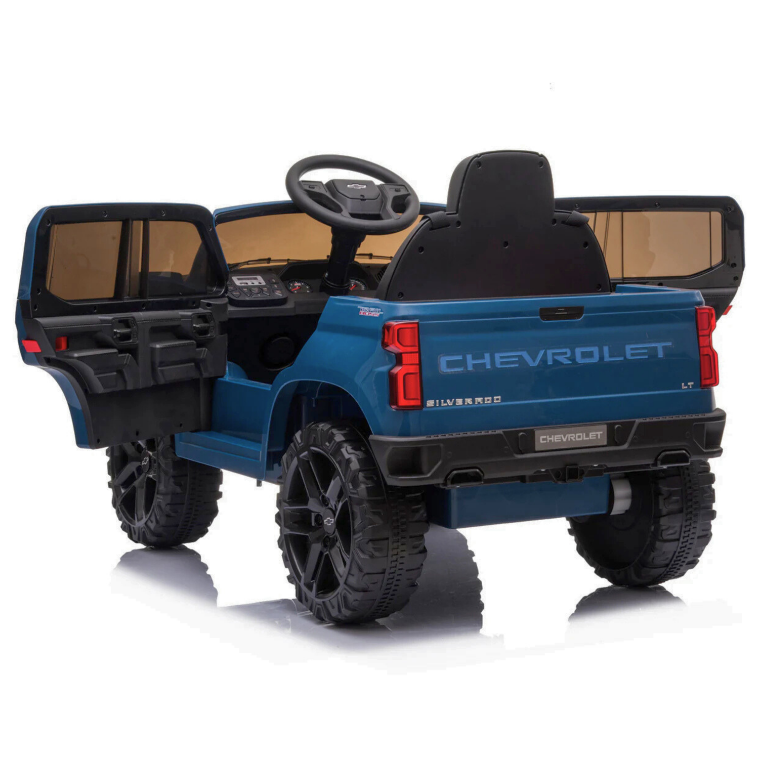 This Blue 12V Chevrolet Silverado Kids Licensed 1 Seater Ride On Truck features open doors, a detailed dashboard, black wheels, steering wheel, rear Chevrolet branding, and includes a remote control for endless playtime fun.