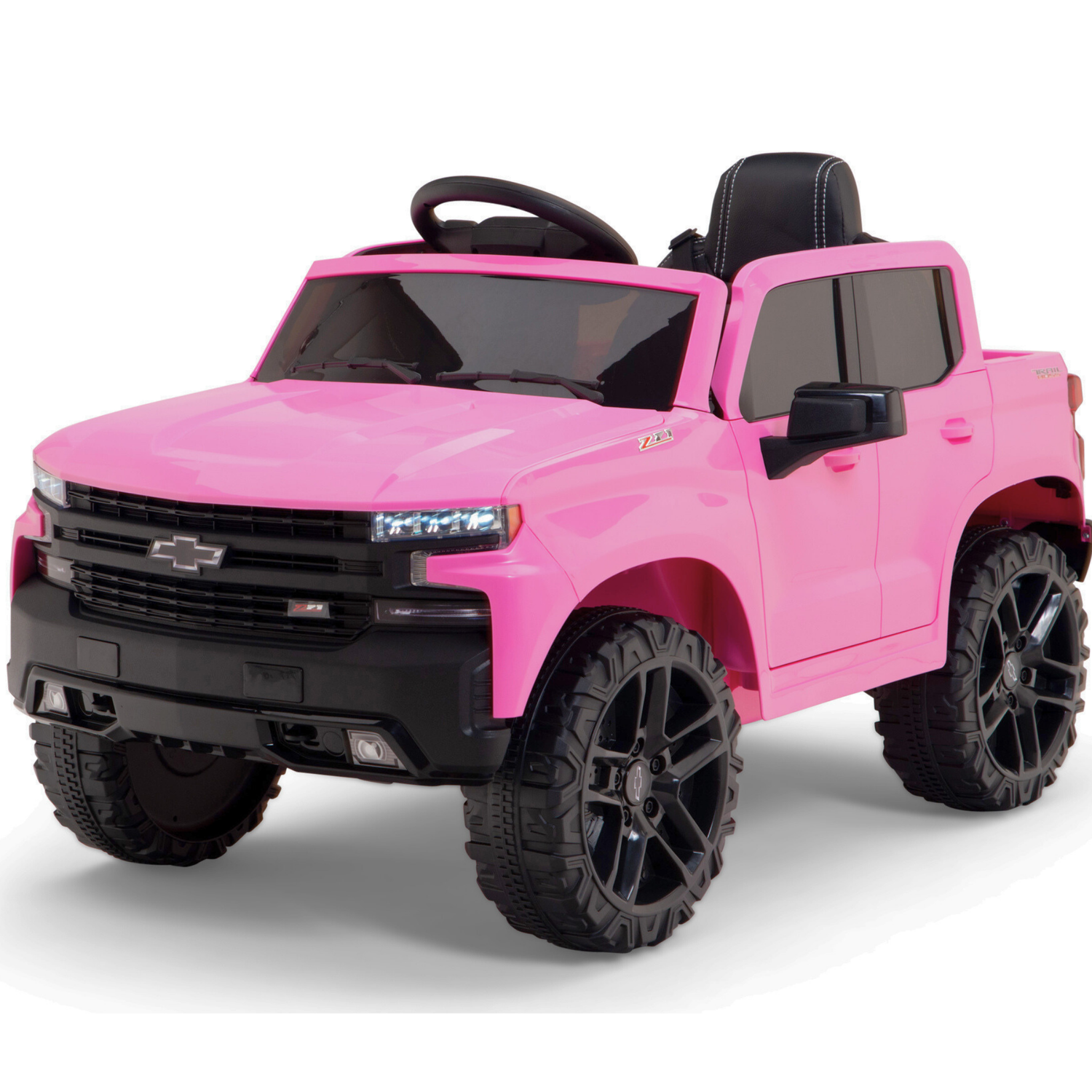 The Pink 12V Chevrolet Silverado Kids Licensed 1 Seater Ride On Truck features large black wheels and a detailed front grille. Its black interior and remote control make it ideal for children, showcased on a plain white background to highlight its bold design.
