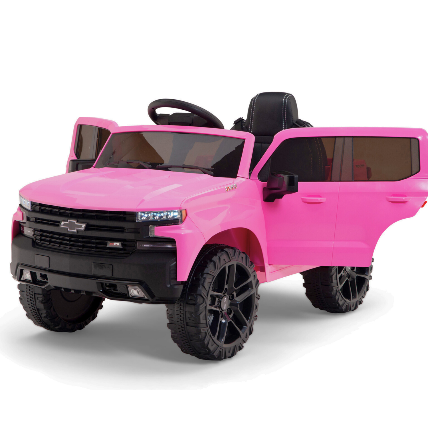 The Pink 12V Chevrolet Silverado Kids Licensed 1 Seater Ride On Truck features a realistic design with large black wheels, an open drivers door, steering wheel, seat, front grille logo, and includes remote control for safety.