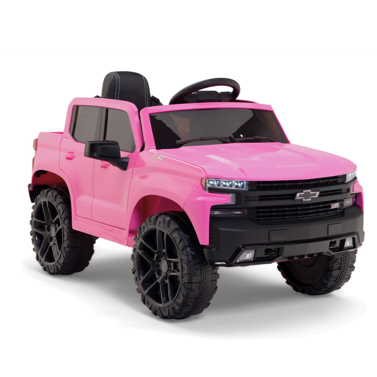 The Pink 12V Chevrolet Silverado Kids Licensed 1-Seater Ride On Truck features black oversized wheels, a realistic front grille, black interior, and steering wheel for an authentic driving experience.