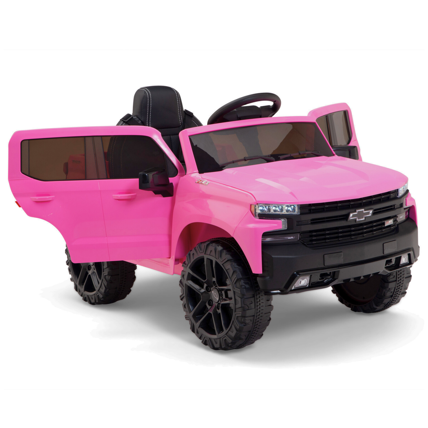 The Pink 12V Chevrolet Silverado Kids Licensed Ride-On Truck features a black interior, large black wheels, and a steering wheel. With realistic headlights and grille details, its the perfect remote control adventure companion for little drivers.