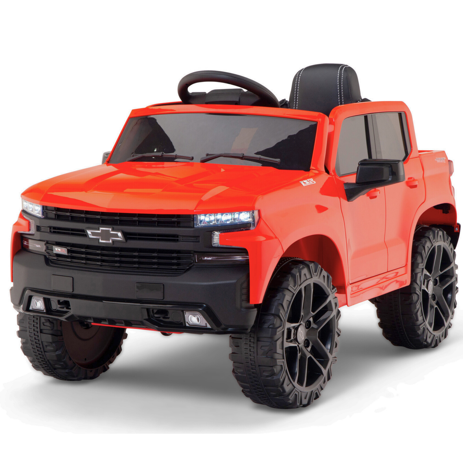 The Red 12V Chevrolet Silverado Kids Licensed 1 Seater Ride On Truck features a black interior, oversized wheels, detailed front grille, and lights. It mimics a real truck and includes remote control for adult supervision.