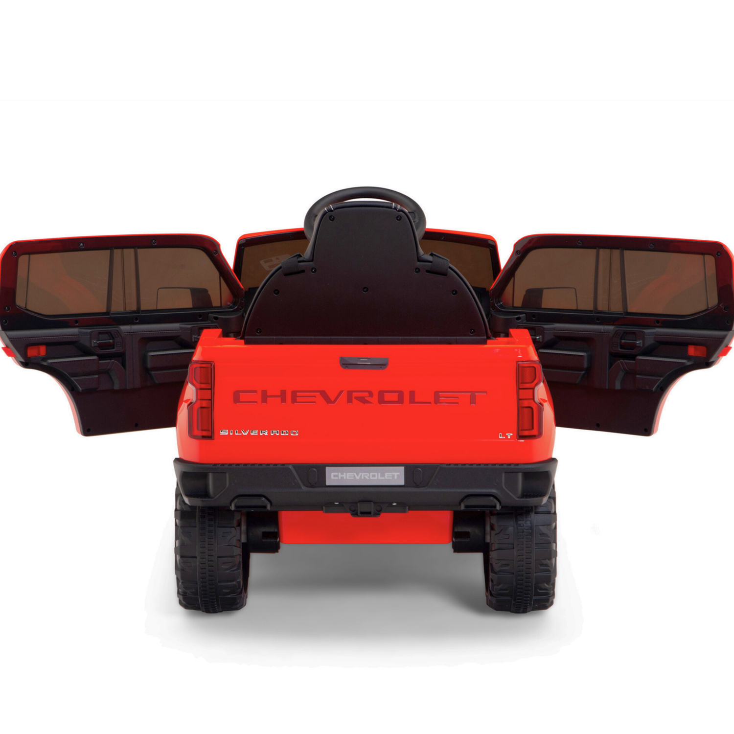 A red 12V Chevrolet Silverado Kids Licensed 1 Seater Ride On Truck is shown from the back with its tailgate and side doors open. Featuring black wheels and a Chevy logo on the tailgate, this ride-on promises endless fun for young drivers.