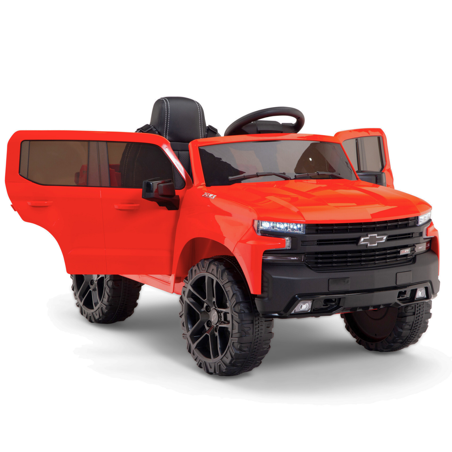 The Red 12V Chevrolet Silverado Kids Licensed 1 Seater Ride On Truck has open doors, large black wheels, a black steering wheel, detailed front grille, and a shiny finish. Perfect for young children to enjoy driving adventures with music and remote control.