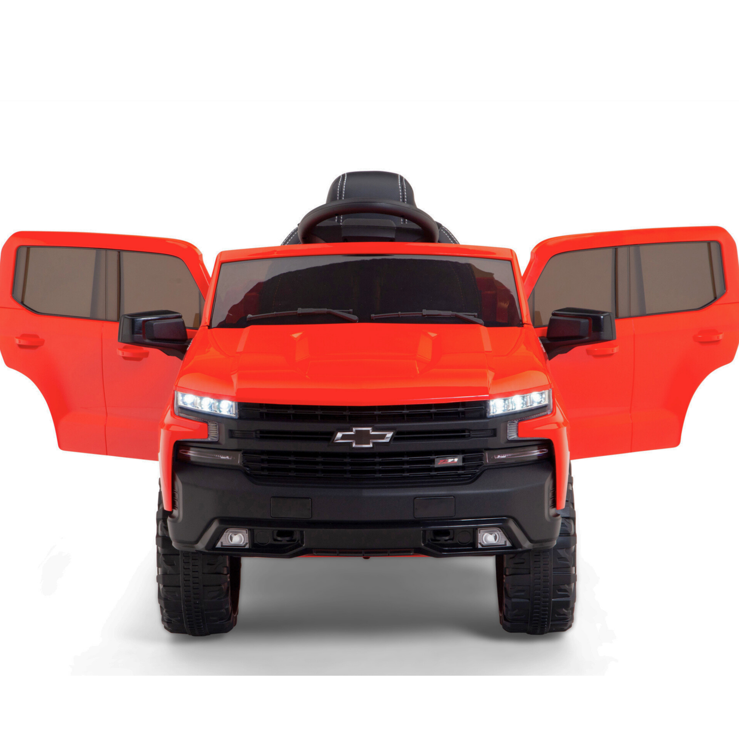The Red 12V Chevrolet Silverado Kids Licensed 1 Seater Ride On Truck is a toy car featuring big wheels, a detailed front grille, iconic logo, opening doors, steering wheel, and seat. Ideal for kids embarking on adventures, it includes music and a remote for extra fun.
