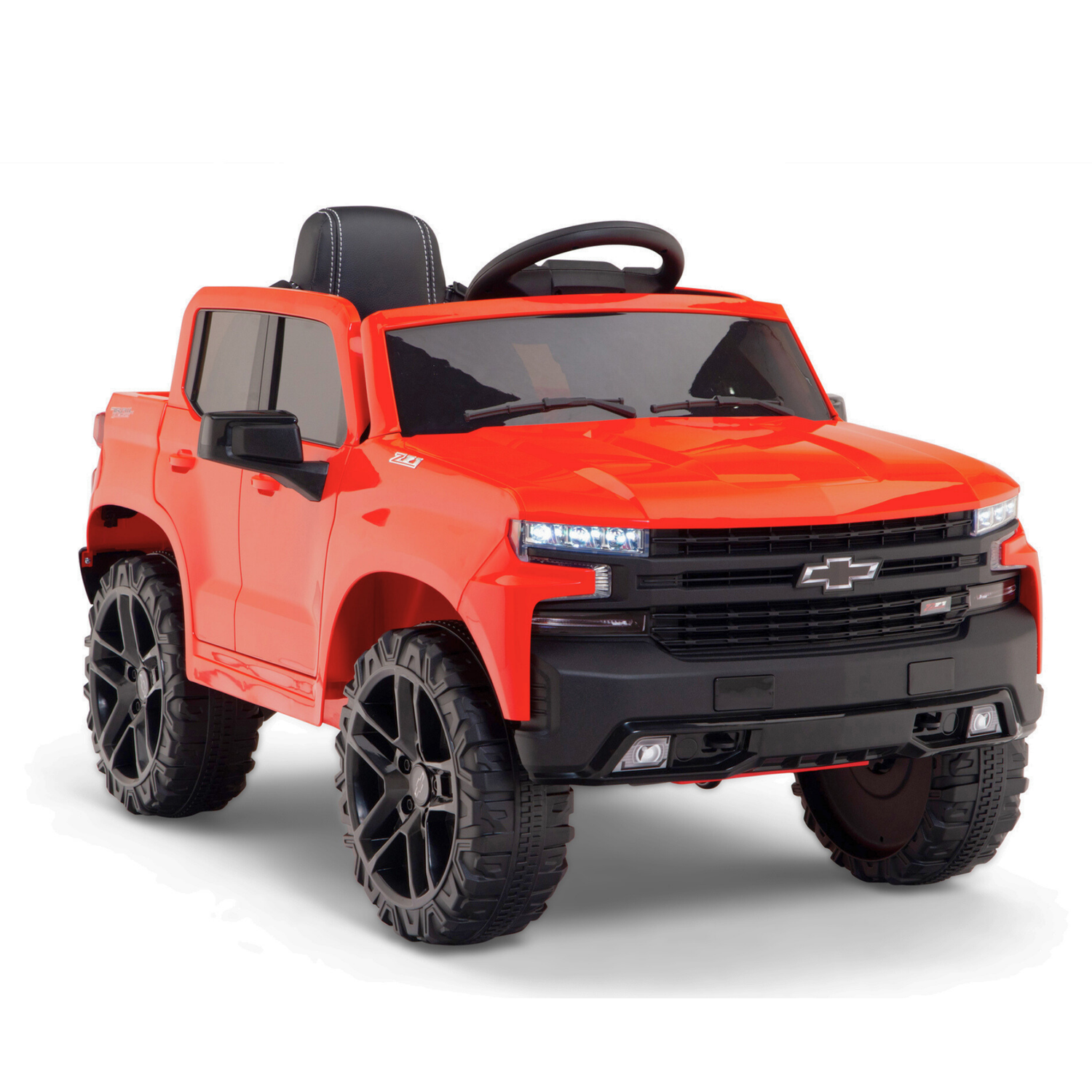 The Red 12V Chevrolet Silverado Kids Licensed 1 Seater Ride On Truck with Music, Remote mimics a classic truck, featuring large black wheels, a realistic steering wheel, detailed headlights, and remote control for added safety and fun.