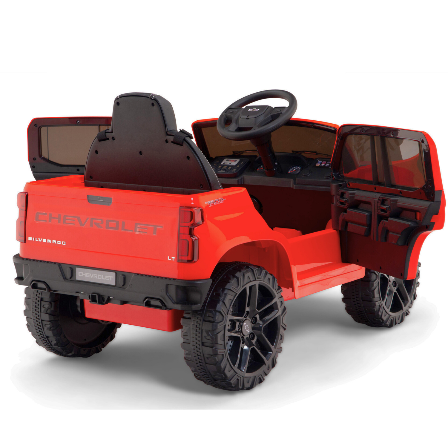The Red 12V Chevrolet Silverado Kids Licensed 1 Seater Ride On Truck features realistic detailing, an open cabin, steering wheel, openable doors, visible seats, and black rugged-design wheels on a white background.