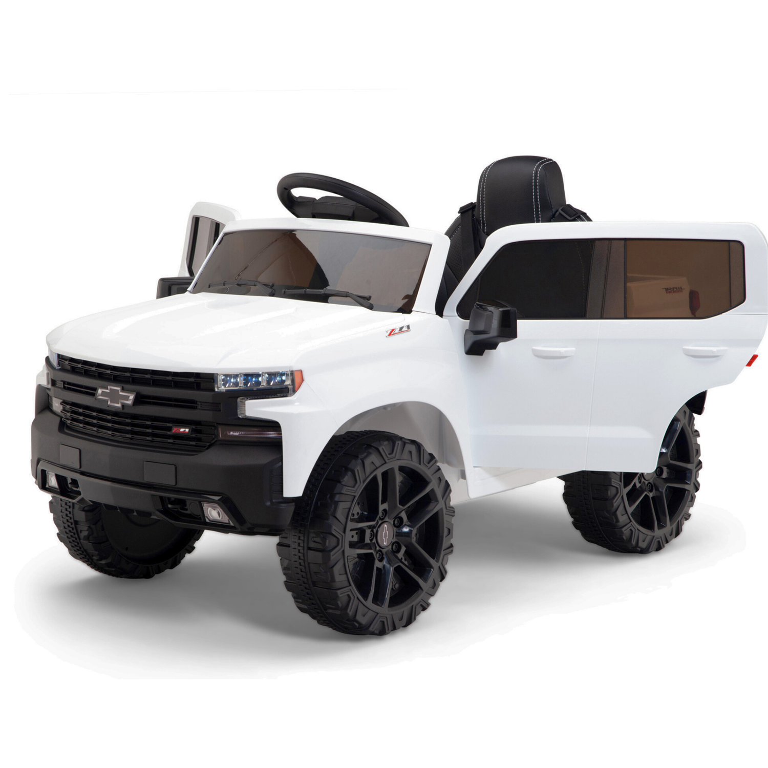 This sleek white ride-on toy car resembles a Chevrolet Silverado, equipped with large black wheels and open doors. It includes upgraded features like a steering wheel and grille, presenting the convenience of a 12V Kids Car with Remote Control. Now called the White 12V Chevrolet Silverado Kids Licensed 1 Seater Ride On Truck with Music, Remote.