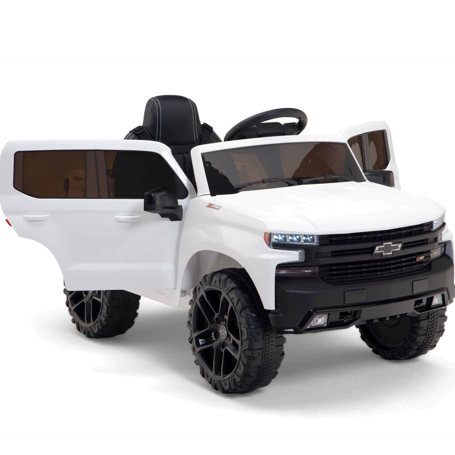 The White 12V Chevrolet Silverado Kids Licensed Ride On Truck features a sleek design, black wheels, and realistic steering. With functional doors and a small seat for children, it includes music and a remote control to complete this impressive ride.
