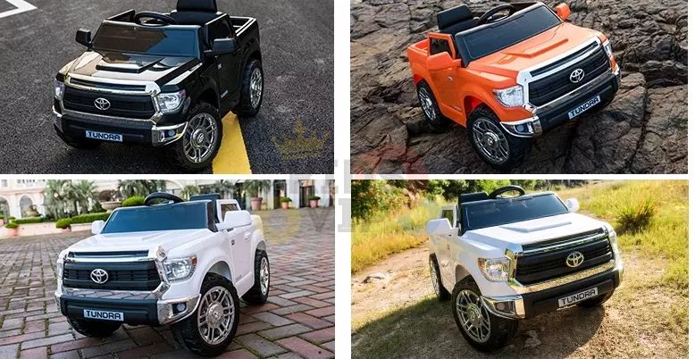 Four 12V ride-on Toyota Tundra trucks—including the Red Licensed Upgraded version—stand in vibrant colors like black, orange, and white (x2) on pavement, rocky terrain, and grass. Each includes a parental remote control for safe, fun adventures for kids.