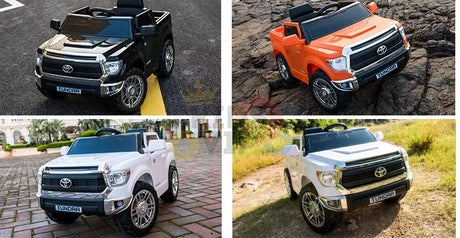 Four 12V ride-on Toyota Tundra trucks—including the Red Licensed Upgraded version—stand in vibrant colors like black, orange, and white (x2) on pavement, rocky terrain, and grass. Each includes a parental remote control for safe, fun adventures for kids.