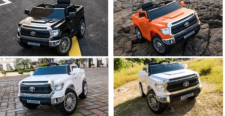 Check out four toy cars styled like Toyota Tundras: one in black, orange, and two whites, each with chrome details and oversized wheels. Theyre perfect for your mini truck adventure with a Remote for 12V Mini Tundra.