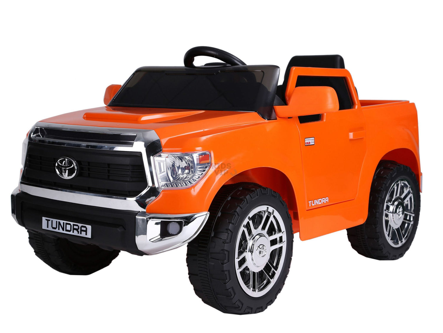 The Orange 12V Licensed Upgraded Toyota Tundra 1 Seater Kids Ride On Truck includes realistic features like a windshield, steering wheel, mirrors, and large tires. Resembling a pick-up truck with branding on the front and sides, it offers endless fun.