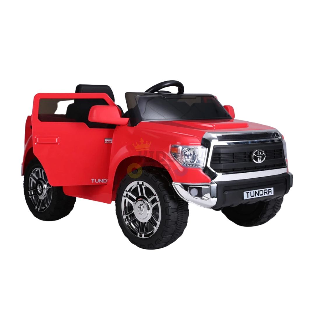 This image features the Red 12V Licensed Upgraded Toyota Tundra 1 Seater Kids Ride-On Truck with RC. It includes black seats, detailed wheels, a child-friendly steering wheel, mini SUV-like openable doors, and a parental remote control for enhanced safety.
