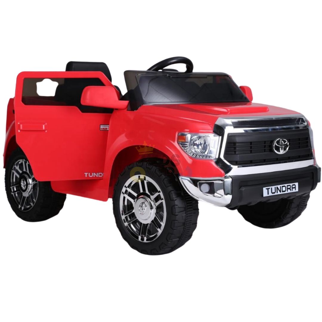 The Red 12V Licensed Upgraded Toyota Tundra 1 Seater Kids Ride On Truck features open doors, a black steering wheel, chrome-like accents, and a TUNDRA license plate. It comes with parental remote control for enhanced safety.