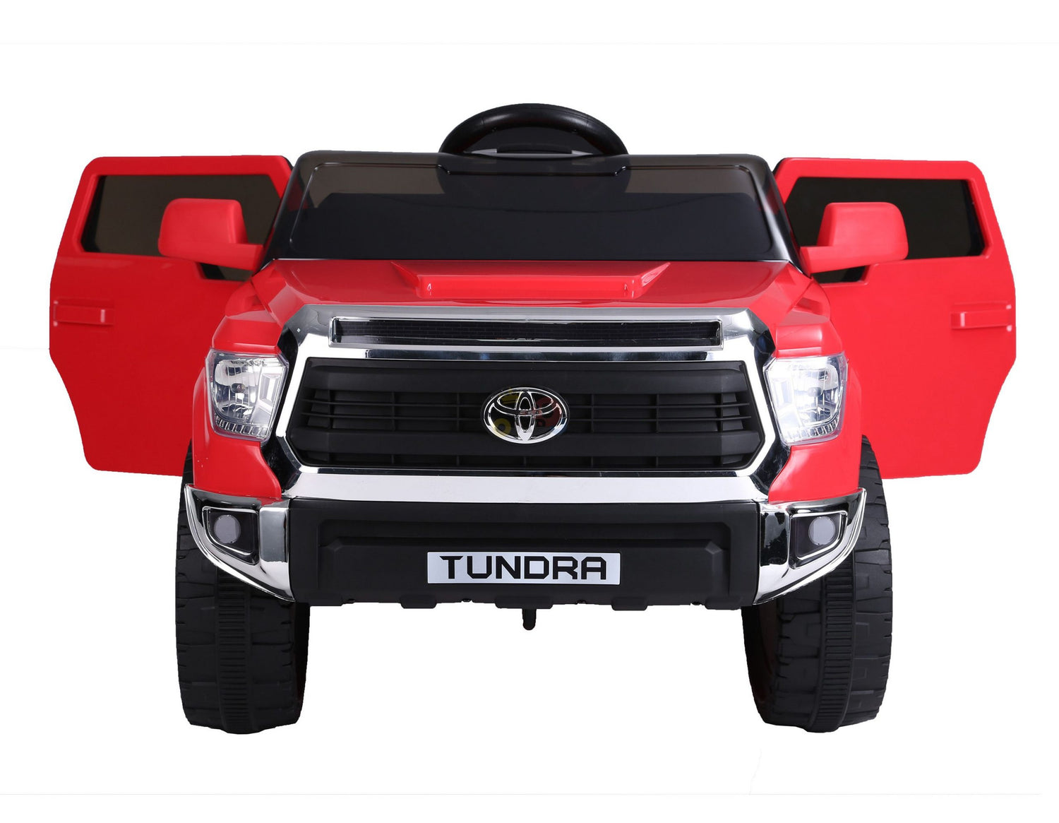 The Red 12V Licensed Upgraded Toyota Tundra 1 Seater Kids Ride On Truck with RC features open doors, large black wheels, a bold front grille, TUNDRA on the front plate, a visible steering wheel through the windshield, and includes a parental remote control for safety.