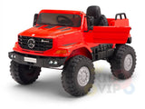 This red ride-on Mercedes-Benz Zetros 12V features large off-road wheels, black seats, a front grille with an emblem, side mirrors, and door handles. It includes a full set of switches for a realistic driving experience.