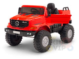 The Red 12V Mercedes Benz Zetros Kids 1 Seater Ride On Truck showcases a detailed grille, large rubber wheels, an open seat, and the iconic logo. It includes a parental remote for safety and is set against a clean white background.