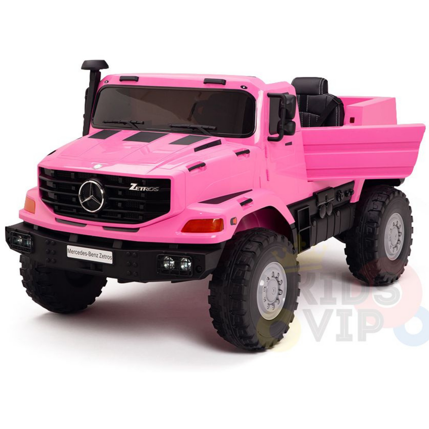 The Pink 12V Mercedes Benz Zetros Ride-On Truck for kids features rubber wheels, side mirrors, a detailed grille, headlights, and an open flatbed. Authentic branding and decals complete the look, all powered by a strong 12V12amp battery.