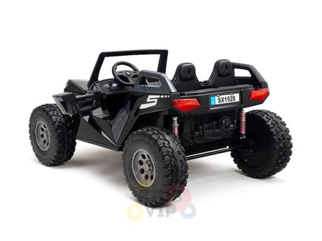 The Black 24V/4X4 Dune Buggy Ride On UTV comes with large rubber wheels, two seats, an open-top design, and red backlights. Resembling a rugged ATV with model number SX1928 on the rear, it includes a steering wheel for kids to enjoy.