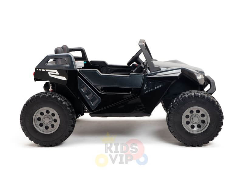 The Black 24V/4X4 Dune Buggy Ride On UTV with rubber wheels enhances adventurous play with its off-road design, sleek style, and a Kids VIP watermark on a white backdrop.