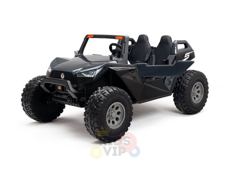 A rugged Black 24V/4X4 Dune Buggy Ride On UTV for kids features large rubber wheels, an open cabin with two bucket seats. Its angular lines and forward-leaning stance enhance the sporty appearance.