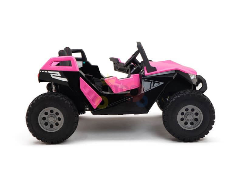 The Pink 24V/4X4 Dune Buggy Ride On UTV boasts large rubber wheels and open seating, featuring a sleek design with protective bars and visible seat belts for adventurous rides.