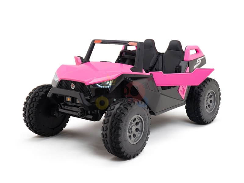 The Kids XXL Edition pink and black 24V Ride On UTV with RC has large rubber wheels, two seats, rugged design, high ground clearance, and visible headlights—ideal for adventurous outdoor play.