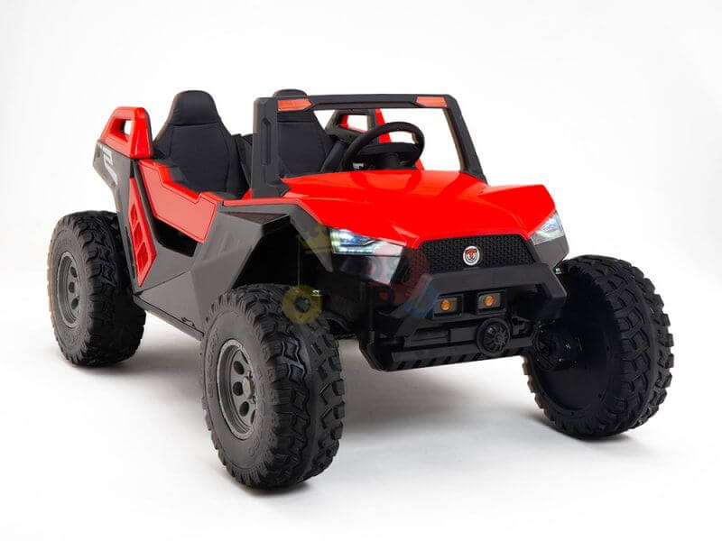 The Red 24V/4X4 Dune Buggy Ride On UTV is a red and black toy with large rugged tires, ideal for off-road adventures. It features two seats, set against a white background, and comes with Parental Remote Control for enhanced safety and fun.