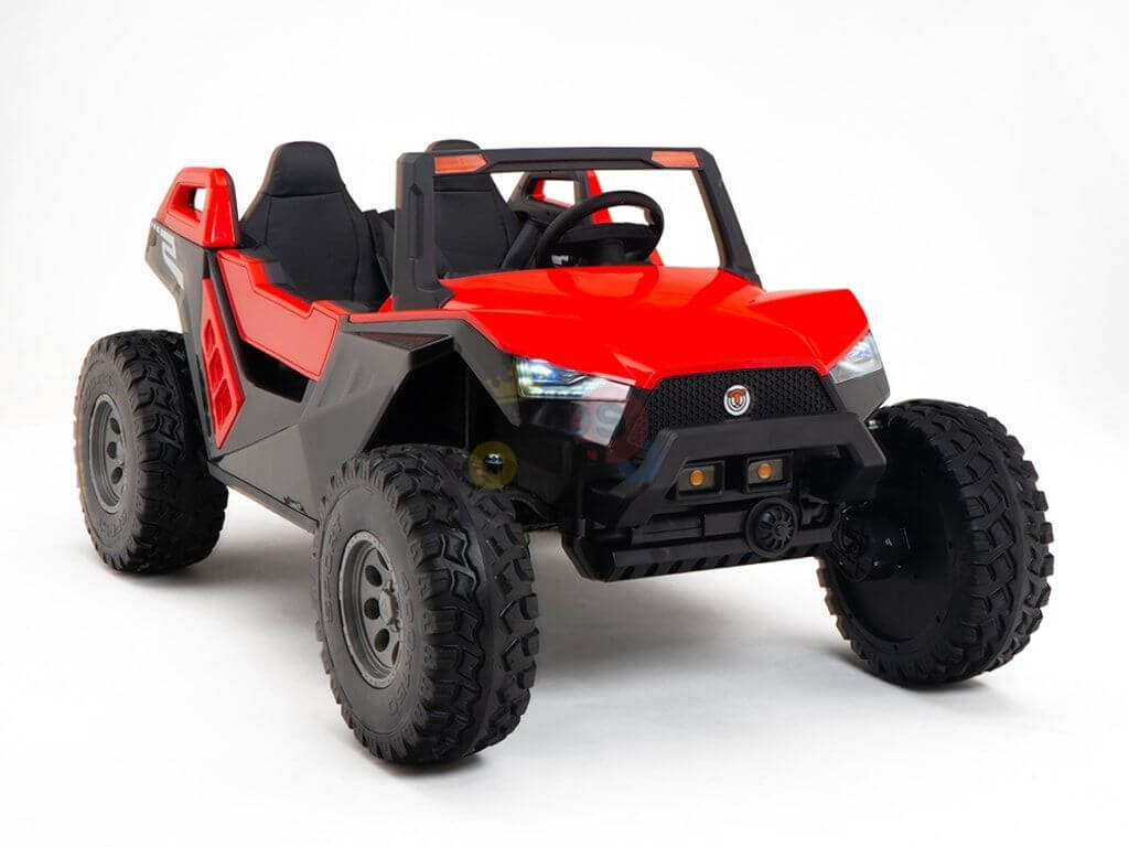 The Red 24V/4X4 Dune Buggy Ride On UTV features sporty, rugged rubber wheels and two seats. Its equipped with parental remote control for safety and fun.