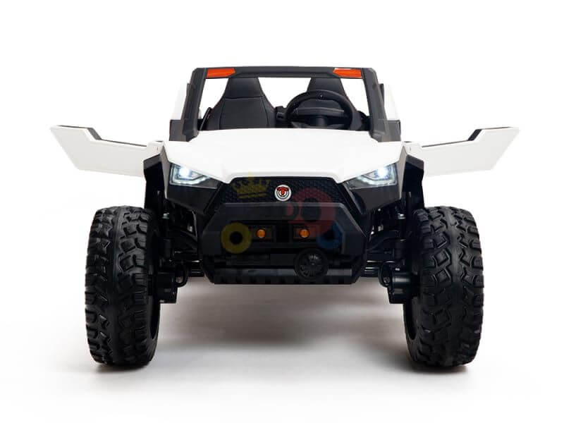 Front view of a white 24V/4X4 Dune Buggy Ride On UTV, with rubber wheels and wide tires, angular design, and LED headlights. Set against a pristine white background.