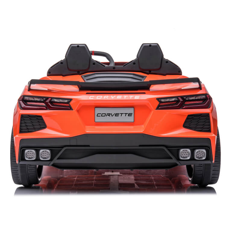 The Kids Premium 24V Orange Corvette C8 Dual-Seater features a convertible design, dual exhausts, detailed rear lights, and a sleek spoiler. Styled for young adventurers with EVA wheels and leather seats, this toy car is perfect for shared excitement on the road.