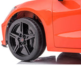 Close-up of Kids Premium 24V Orange Corvette C8 Dual-Seater with EVA wheels and leather seats, featuring a sleek black alloy wheel. This modern toy car shines against a plain white background and includes remote control.