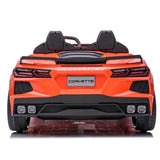 Seen from behind, the Kids Premium 24V Orange Corvette C8 dual-seater toy car showcases sleek black accents, detailed taillights, a CORVETTE license plate area, and is perched on a reflective surface for an authentic look.